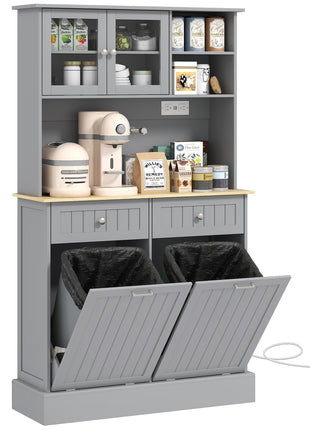 Kitchen Cabinet with Charging Station, 2 Tilt Out Cabinets, Microwave Stand, Freestanding Kitchen Pantry Cabinet, Gray