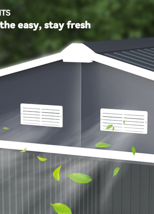 11' x 9' Outdoor Storage Shed, Garden Tool Metal Shed with Foundation Kit, Double Lockable Door, Air Vents and Sloping Roof, for Backyard, Patio, Lawn, Dark Gray
