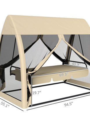 3 Seat Outdoor Swing Chair Convertible Covered Day Bed with Canopy, Mesh Netting, Steel Stand for Garden, Patio, Coffee