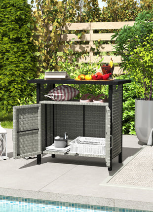 Outdoor Pool Towel Storage Cabinet Organizer, Outdoor Bar Table with Shelf and Cabinet, Pool Towel Holder Pool Valet with Weather-Resistant PE Rattan and Steel Frame, Gray