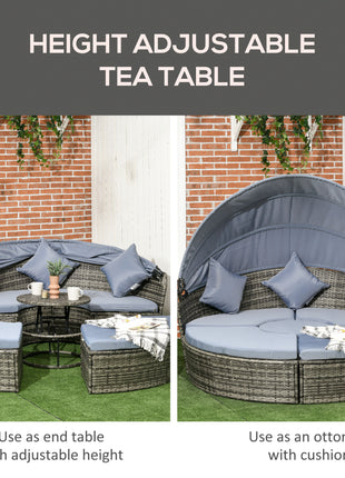 4 Piece Round Rattan Daybed, Convertible Patio Furniture Set, Adjustable Sun Canopy, Sectional Outdoor Sofa, 2 Chairs, Extending Tea Table Ottoman Chair, 3 Pillows, Light Gray