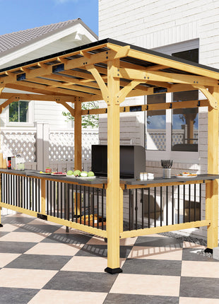 13' x 6' Wooden BBQ Grill Gazebo, Outdoor Hardtop Grill Gazebo with Metal Roof, 2 Bar Shelves and 6 Hooks, Natural