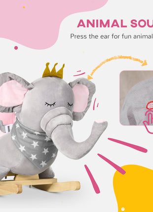 Baby Rocking Horse Elephant Rocking Chair Toddler Rocker Toy with Sound Wooden Base Seat for 1.5-3 Year Old, Gray