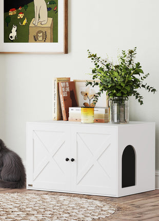 Cat Litter Box Enclosure with Barn Door, Cat Hole, 31.5" x 21" x 20", White