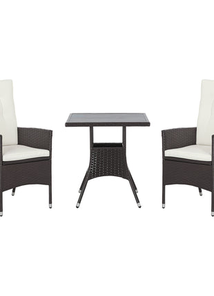3 Piece Patio Bistro Set, PE Wicker Furniture Conversation Set w/ Tufted Cushion Reclining Chairs & Coffee Table, Cream