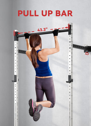 Folding Squat Rack with Pull Up Bar, Wall Mounted and Adjustable, 1000 Pounds Capacity Power Rack, White