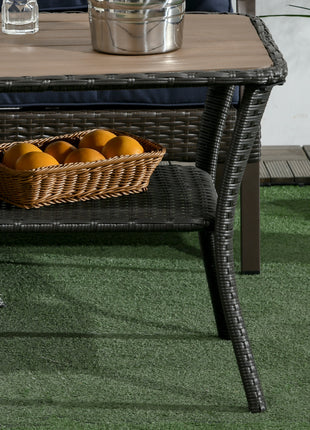 Outdoor Patio PE Rattan Coffee Table with Storage Shelf, Wicker Side Table with Wood-Plastic Composite Top, Mixed Brown
