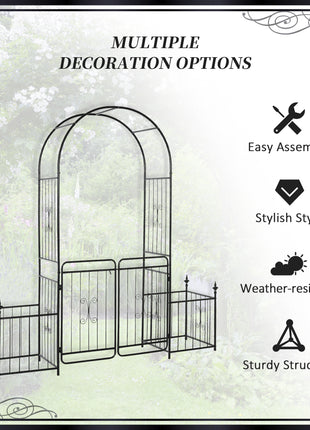 86" Garden Arch Arbor, Metal Arch Trellis with Gate and Planter Baskets, Garden Archway for Climbing Vines, Wedding Ceremony Decoration, Flourishes & Arrow Tips, Black