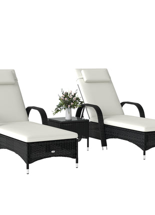 Wicker Outdoor Chaise Lounge Chair Set of 3 with Side Table, 5-Level Adjustable Backrest PE Rattan Pool Lounge Chair with Wheels, Cushion & Headrest, Black and Cream White