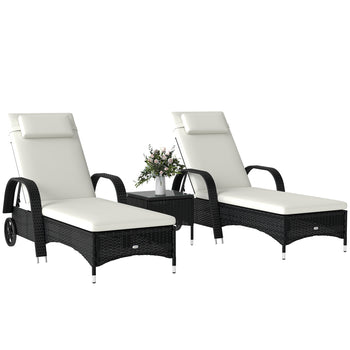 Wicker Outdoor Chaise Lounge Chair Set of 3 with Side Table, 5-Level Adjustable Backrest PE Rattan Pool Lounge Chair with Wheels, Cushion & Headrest, Black and Cream White