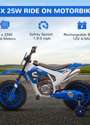 12V Kids Motorcycle w/ Treaded Tires, 5mph Top Speed Electric Bike for Kids, Ride On Motorcycle w/ Training Wheels, Battery Charger, Spring Suspension, Blue