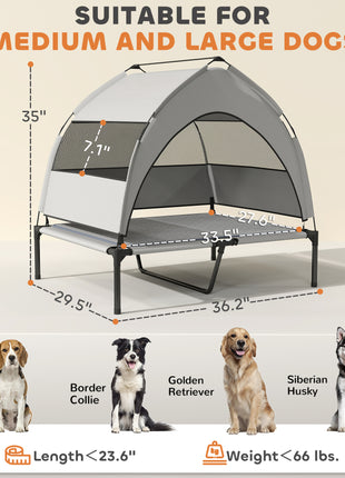 Elevated Dog Bed with Removable Canopy, Portable Outside Raised Pet Cot with Cooling Pad, Storage Bag, 36" x 29.5" x 35"