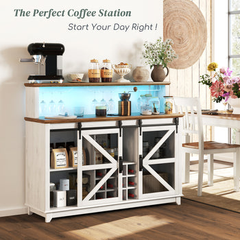 55" Coffee Bar Cabinet with Lights, Farmhouse  Cabinet with  and Glass Racks for Kitchen, Dining Room, White