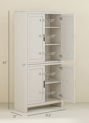64" 4-Door Kitchen Pantry, Freestanding Storage Cabinet with 3 Adjustable Shelves for Kitchen, Antique White