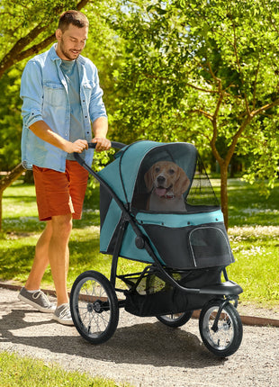 3 Wheels Pet Stroller for Small Dogs and Medium Dogs with Adjustable Canopy, Safety Tether, Storage Basket, Dark Green