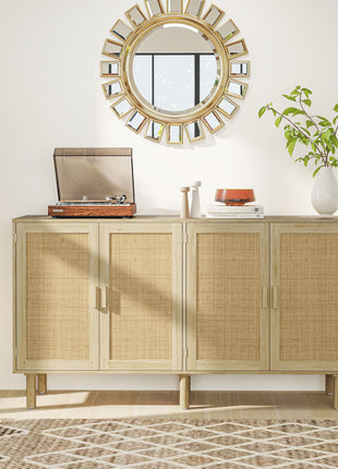 Bohemian Sideboard, 62.2" Buffet Cabinet with 4 Rattan Doors and Shelves for Living Room, Hallway, Natural