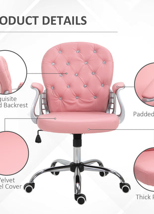 Makeup Vanity Chair, PU Leather Computer Task Chair with Button Tufted, Padded Armrests, Adjustable Height and Swivel Wheels, Pink