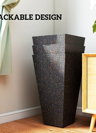 28" Tall Planters, Set of 3 Plastic Flower Pots with Marble Finish and Drainage Holes, Stackable Taper Planters, Brown