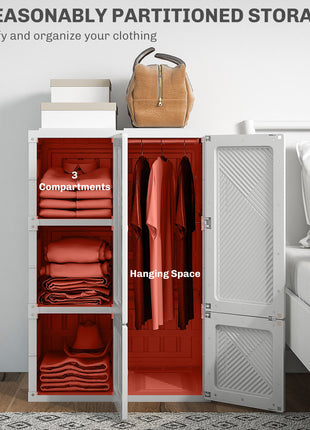 Portable Wardrobe, Foldable Clothes Storage Organizer with 3 Compartments, Hanging Rod, Magnet Doors, White