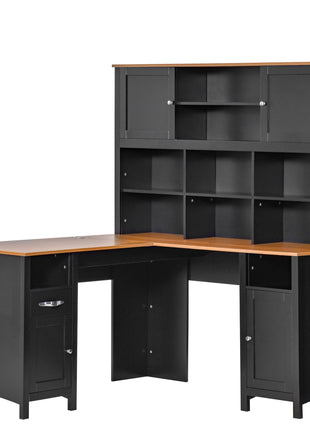 L Shaped Computer Desk with Hutch, 59" Corner Desk, Space Saving Home Office Desk with Storage Shelves, Drawer and Cabinet, Black