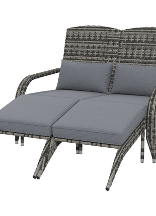 Wicker Adirondack Chair for 2 with Cushions & Footrests, PE Rattan Double Chaise Lounge Chair, Fire Pit Chair for Porch with High-back, Wide Armrests, Mixed Gray