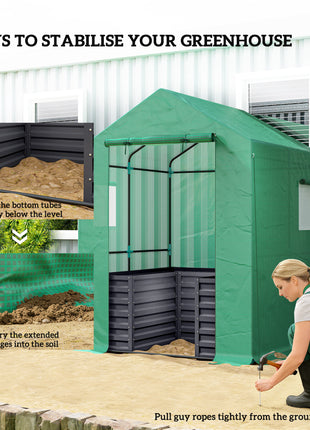 Greenhouse with Raised Garden Bed, Galvanized Steel Outdoor Greenhouse with Roll Up Door, 56" x 56" x 75", Dark Gray