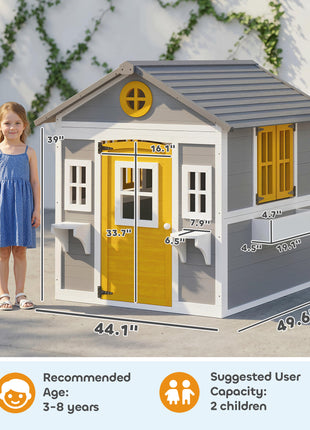 Wooden Playhouse for Kids Outdoor with Doors, Windows, Planter Pots and Boxes for Toddlers 3-8 Years, Gray