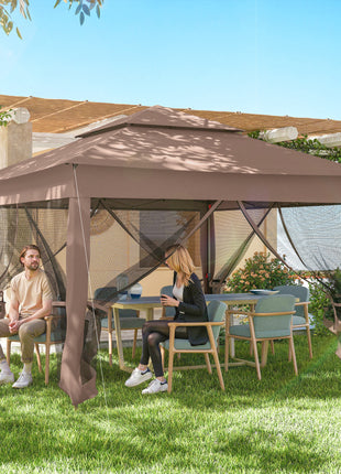 Outdoor Patio Pop Up Canopy Gazebo Shelter with Zipper Netting, Carry Bag, 11' x 11', Brown