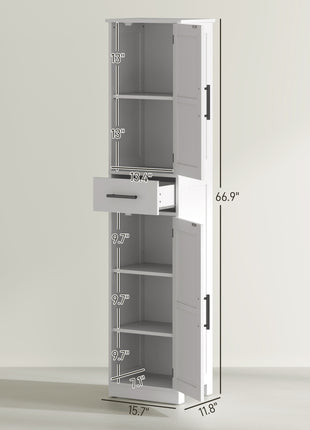 Farmhouse Linen Closet with Drawer, 67" Tall Bathroom Storage Cabinet with Barn Doors and Adjustable Shelves, White