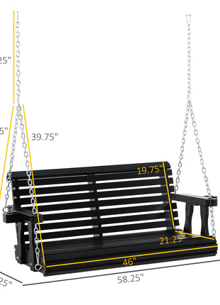 Porch Swing with Chains and Cupholders, 2 Person Wooden Patio Swing Chair, 440 lbs. Weight Capacity, for Garden, Poolside, Backyard, Black
