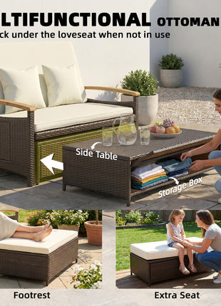 Rattan Outdoor Daybed w/4-Level Adjustable Backrest, Patio Sofa Bed w/Storage Ottoman, Acacia Wood Armrest, Beige