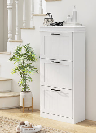 Modern Shoe Storage Cabinet with 3 Flip Drawers for 15 Pairs, Narrow Shoe Organizer for Entryway, Hallway, White