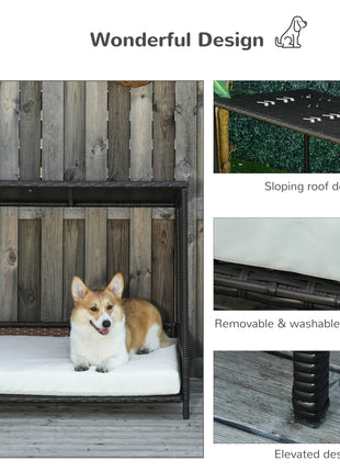 Wicker Dog House Raised Rattan Puppy Bed Cat Shelter for Indoor Outdoor Garden Patio Pet Sofa with Removable Cushion for Medium Sized Pet Brown