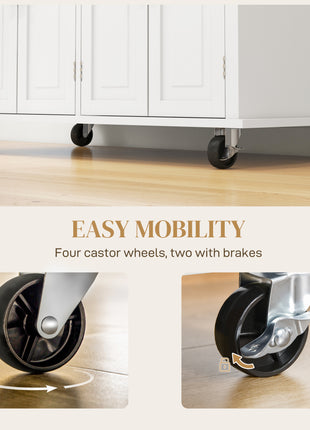 Kitchen Island on Wheels, Rolling Cart with Rubberwood Top, Spice Rack, Towel Rack and Drawers, Cream White