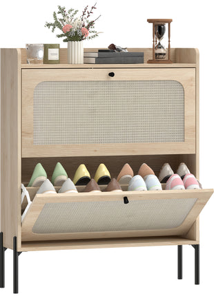 Shoe Cabinet with 2 Flip Drawers, Boho Narrow Shoe Storage Cabinet, Oak