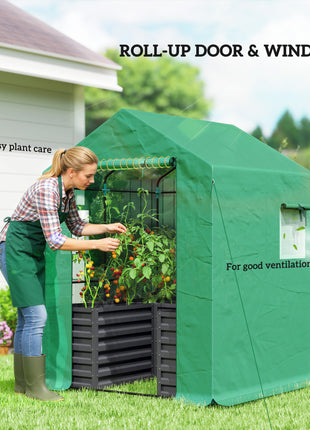 Greenhouse with Raised Garden Bed, Galvanized Steel Outdoor Greenhouse with Roll Up Door, 56" x 56" x 75", Dark Gray