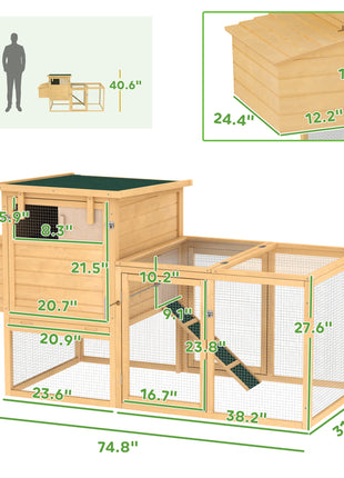 75" Wooden Chicken Coop with Nesting Box, Removable Tray, Ramp Run, for Garden Backyard, Natural Wood