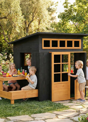 Outdoor Playhouse, Wooden Kids Playhouse w/ Picnic Table & Benches, Chalkboards, Half Door, Windows, for Kids Ages 3-8