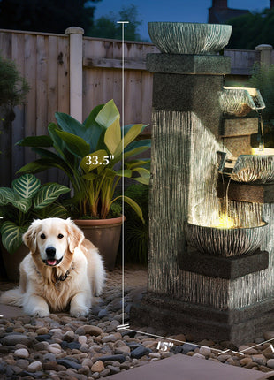 33.5" Water Fountain, 4-Tier Resin Cascading Bowls Outdoor Waterfall Fountain with LED Lights, Pump