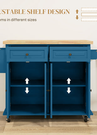 Kitchen Island on Wheels, Rolling Cart with Rubberwood Top, Spice Rack, Towel Rack and Drawers, Turquoise