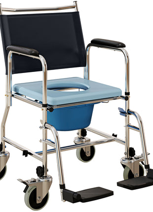 Rolling Shower Chair, Bedside Commode Wheelchair with Padded Seat, Backrest, for Seniors, Disabled, 300 lbs, Black