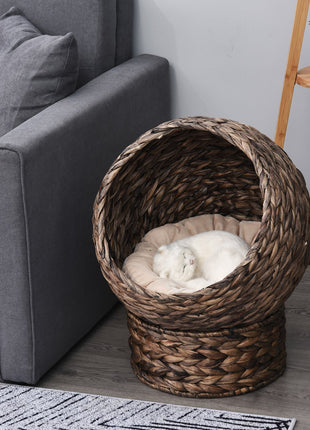 Handwoven Elevated Cat Bed with Rotating Basket and Soft Cushion, Wicker Cat Egg Chair with Stand, Brown