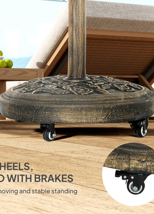 Round Patio Umbrella Base, 46 lbs Resin Umbrella Base with Wheels, Outdoor Umbrella Stand for 1.3"/1.5"/1.9" Umbrella Poles for Outdoor, Lawn, Poolside, Bronze