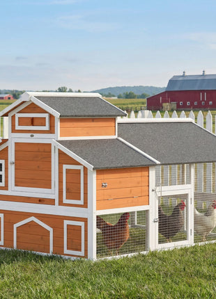 79"L Chicken Coop with Run for 6 Chickens, Wooden Chicken House with Nesting Boxes and Pull-Out Tray