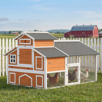 79"L Chicken Coop with Run for 6 Chickens, Wooden Chicken House with Nesting Boxes and Pull-Out Tray