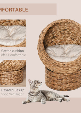 Handwoven Elevated Cat Bed with Soft Cushion & Egg Chair Shape, Basket Bed Kitty House with Stand, Raised Wicker House for Indoor Cats, 23.5" H, Light Brown