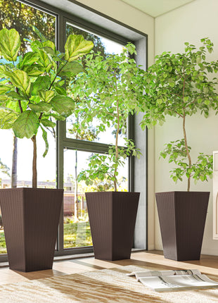 Set of 3 Tall Planters with Drainage Hole, 24" Outdoor Flower Plant Pots, Indoor Planters for Porch, Front Door, Entryway, Patio and Deck, Brown