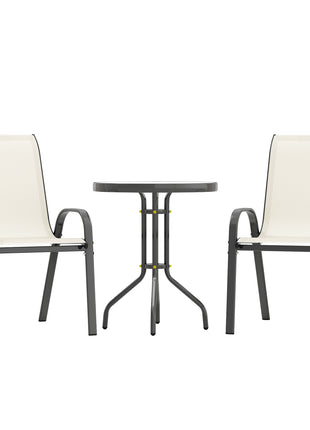 3 Pieces Bistro Set, Small Patio Furniture Set with Stackable Chairs and Glass Table for Backyard, Balcony, Beige