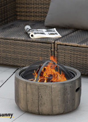 Outdoor Fire Pit, 18 Inch Metal Wood Burning Fireplace with Spark Cover, Poker, Woodgrain Design for Patio, Picnic, Backyard, Dark Brown