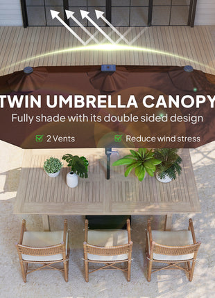 Double-sided Outdoor Patio Umbrella with Solar Lights and Base, Dining Table Umbrella Push Button Tilt, Coffee